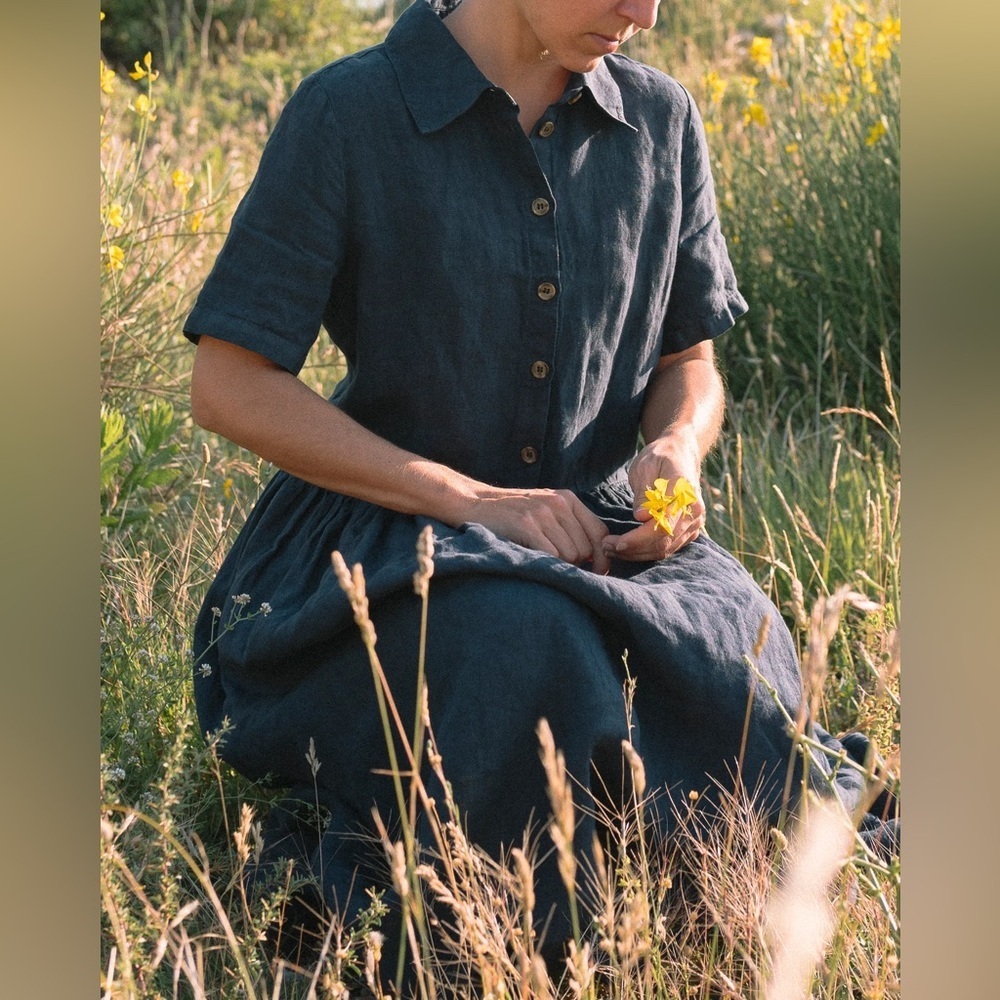 Sauths Navy Button-Up Maxi Linen Dress 2XL